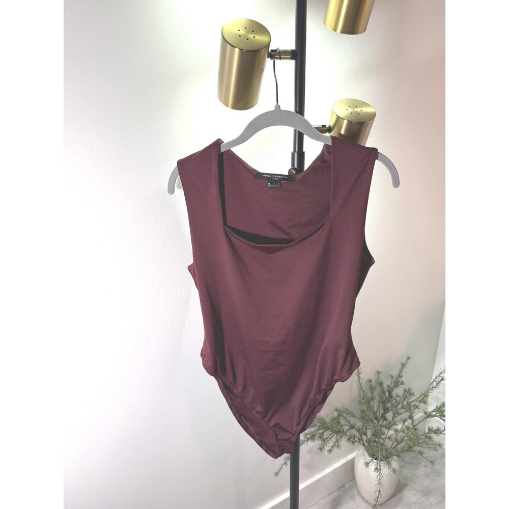 French Connection Burgundy Square Neck Sleeveless Bodysuit XL Wine Red Stretch
